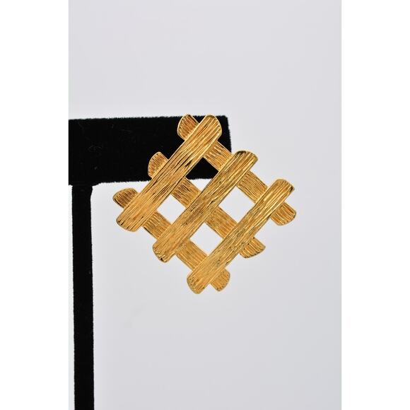 Vintage Dangle Weaved Earrings Brushed Shiny Gold Textured Chunky 1980s BinAY - Picture 7 of 12